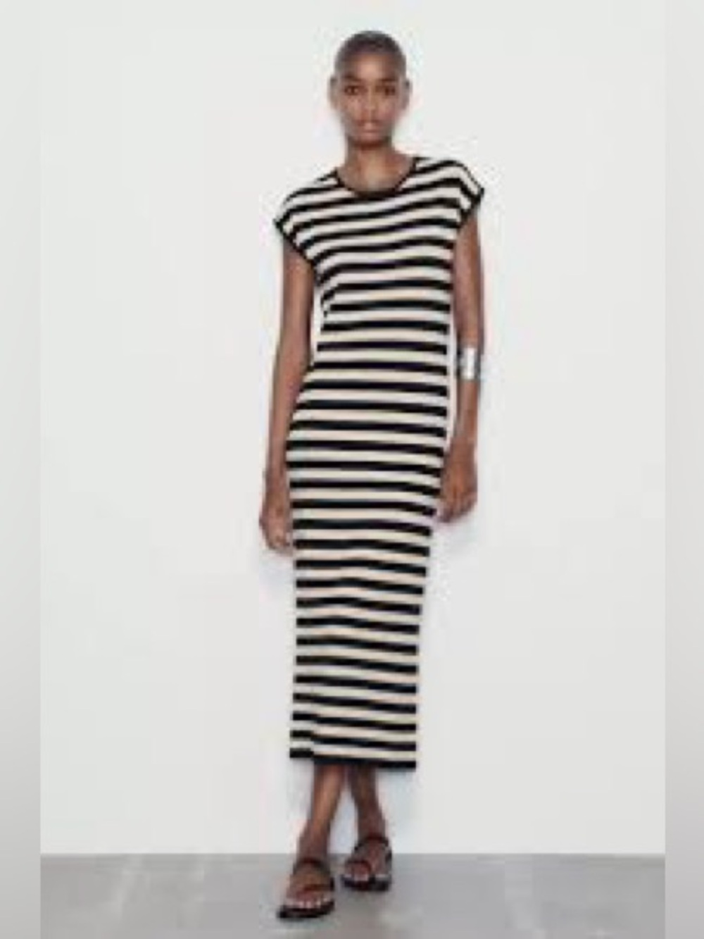 Zara Black and Cream Striped Midi sheer Knit sheath Dress S